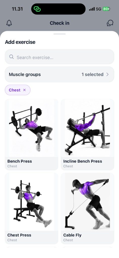 Gymly add exercise screen with muscle group filter and exercise illustrations
