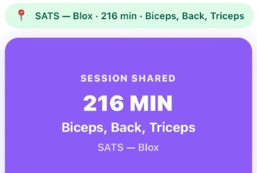 Gymly shared session card showing workout duration and focus