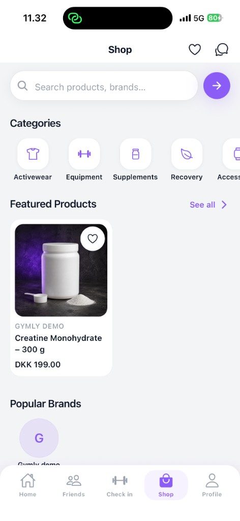 Gymly Shop screen with product categories and featured products