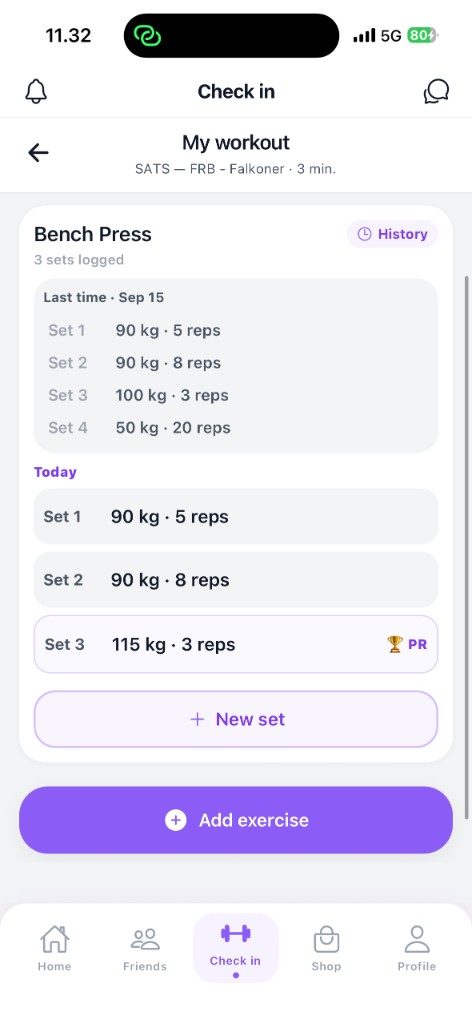 Gymly workout logger with Bench Press sets, last time history and a personal record